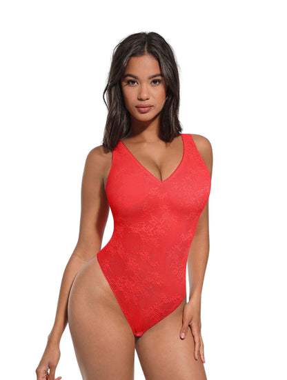 V-Neck Laced Thong Bodysuit